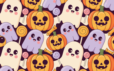 Obraz premium Halloween seamless pattern with pumpkins ghosts and colorful lollipops