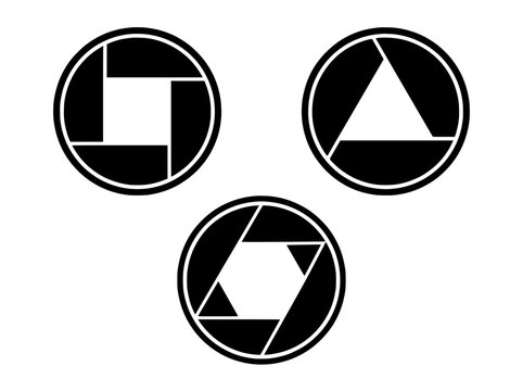 Minimalist camera shutter icons, black and white photography aperture symbols, geometric lens diaphragm vector set