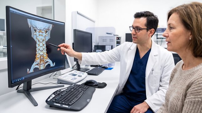 Doctor examining 3d spine scan on computer monitor in radiology room