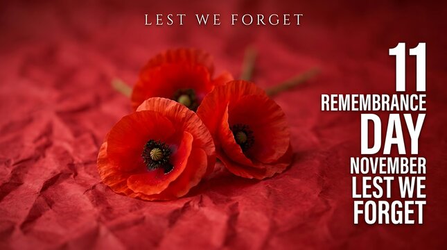 Vibrant red poppies with remembrance day text for november 11th memorial