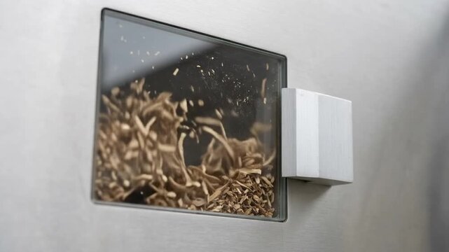 dense cloud of flying coffee chaff actively swirling behind a clear angled tempered glass inspection window