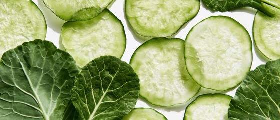 Obraz premium Pressed thin slices of pale green kohlrabi and thick leaves, pure white background