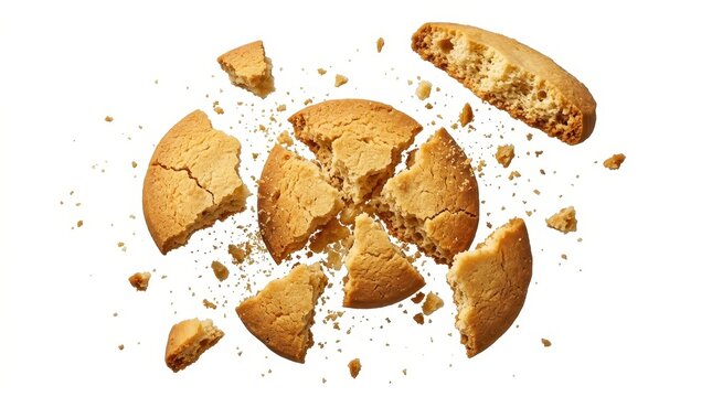 Broken round butter cookie or shortbread biscuit with crumbs and pieces scattered on white background