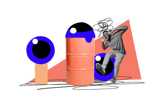 Photo cartoon comics sketch collage of happy american guy listen music headphones dance party barrel peek eyeball stare control