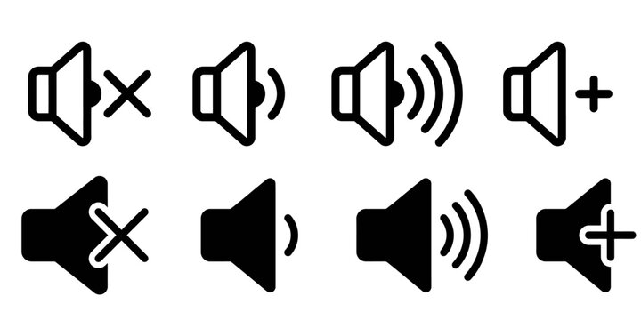 Volume control mute and unmute icons set with plus and minus signs