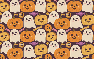 Fototapeta premium Cute halloween seamless pattern with ghosts pumpkins and wrapped candies