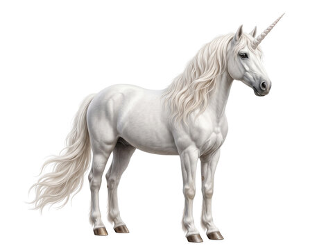 White unicorn horse standing majestically in mystic fantasy forest.