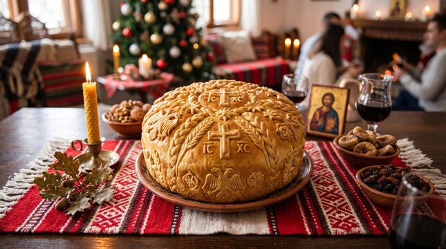 Orthodox Christian Slava Bread with Icon and Festive Decorations