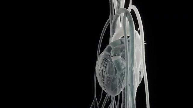 A transparent, stylized human heart with visible chambers and arteries against a stark black background, symbolizing life, health, and the circulatory system.
