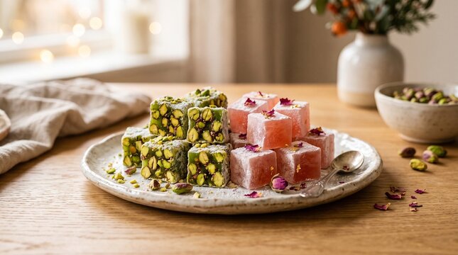 Assortment of Turkish Delight with Pistachios and Rose Petals on a Plate