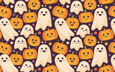Obraz premium Halloween seamless pattern with pumpkins ghosts and small polka dots