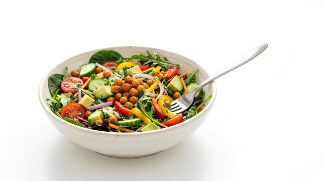 Healthy Mediterranean salad bowl with roasted chickpeas, sliced avocado, cucumbers, cherry tomatoes, red onions, and bell peppers in a ceramic bowl on a white background with a silver fork.