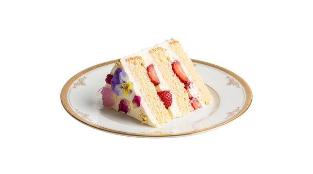 Cake slice adorned with fresh strawberries and edible flowers rests on a fine porcelain decorative plate.
