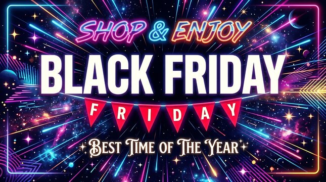 Vibrant black friday sale advertisement with neon lights and festive decorations