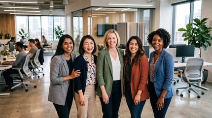Fototapeta premium Diverse group of five women smiling and laughing together in a modern office environment