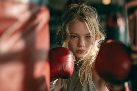 Young female boxer in red gloves training inside gym with focus and determination during workout
