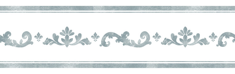 Seamless watercolor border with blue Mediterranean damask ornament, symmetrical waves, fleur de lis motifs and parallel lines. Vintage horizontal pattern for card design. © Marina Morenova