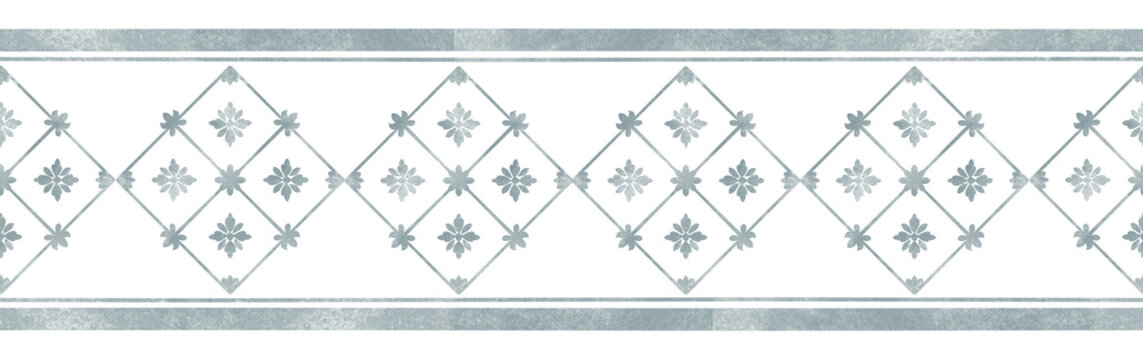 Seamless watercolor border with blue Mediterranean Azulejo tiles, rhombic lattice, floral motifs and parallel lines. Vintage horizontal pattern for card design, fabric.