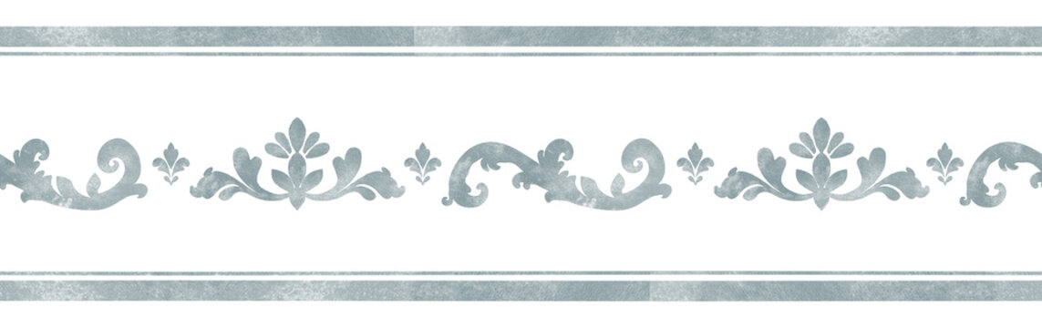 Seamless watercolor border with blue Mediterranean damask ornament, symmetrical waves, fleur de lis motifs and parallel lines. Vintage horizontal pattern for card design.