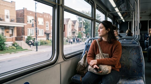 Woman riding bus looking out window at suburban street with brick houses and trees
