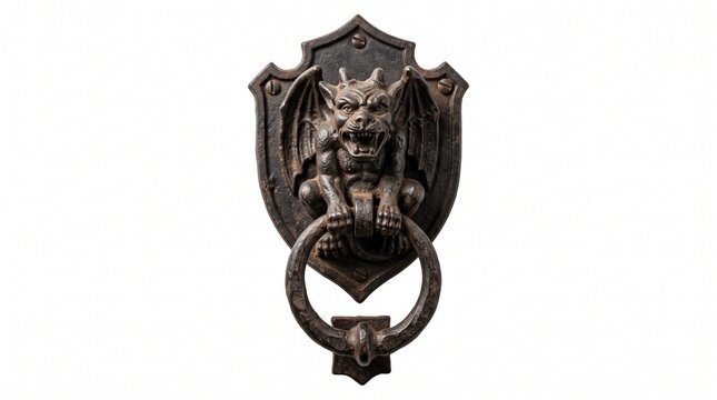 Antique Cast Iron Gargoyle Door Knocker with Ring on Shield Backplate