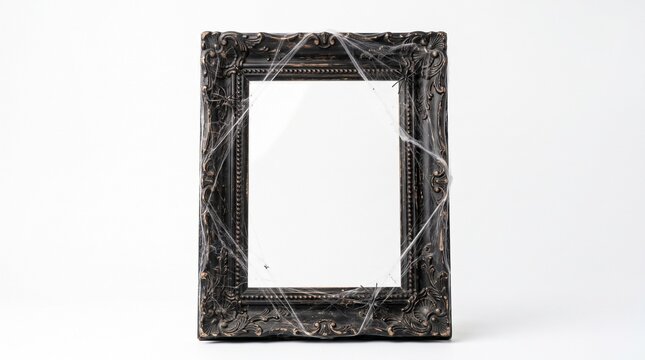 Ornate Black Picture Frame Covered in Cobwebs and Spiders for Halloween Decor