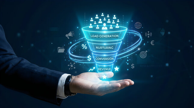 Businessman holding a digital marketing sales funnel hologram representing lead generation, nurturing, conversion, and revenue growth strategies