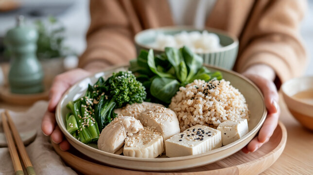 Asian low sodium lunch with steamed chicken tofu leafy greens and rice held by woman in healthy eating lifestyle