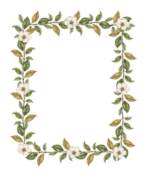 Watercolor vintage pear blossom frame with white flowers, green and gold leaves on brown branches. Cottagecore botanical rectangular border for packaging, card design. 