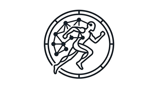 Minimalist running athlete icon with digital network nodes on a transparent background