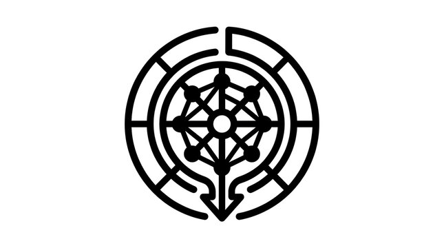 Black circular maze icon with a central network node isolated on white background