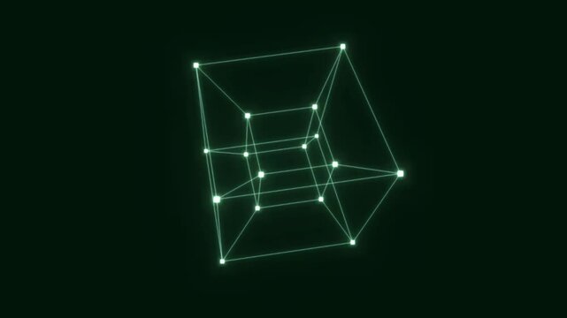 Glowing green tesseract animation, rotating hypercube wireframe on black background, futuristic 4D geometry for science and technology visuals