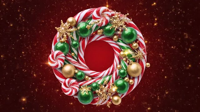 Christmas wreath made of candy canes and festive ornaments on a red background.