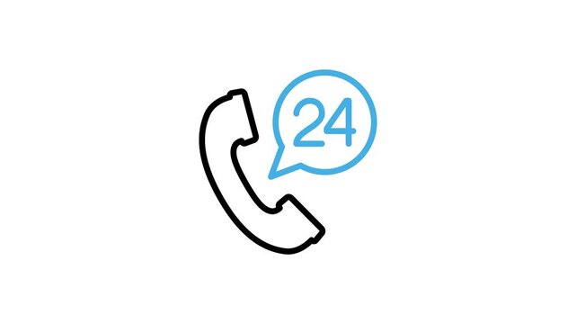 Animated 24 Hours call service and support icon for technical message, chat, phone center, contact, assistance, help desk, question, faq, guidance, info. Motion graphics with alpha channel