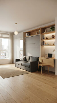 Modern studio apartment interior featuring a murphy bed sofa combination and integrated desk unit