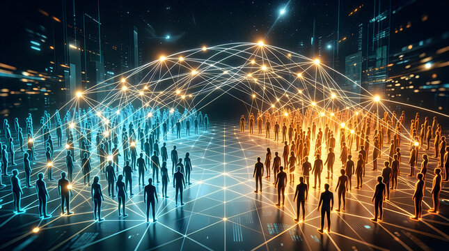 Digital network of people connected by glowing lines representing global communication, data exchange, and social connectivity in a futuristic city