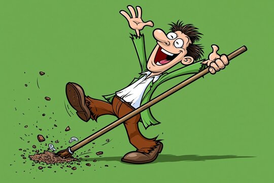 Funny cartoon illustration of a smiling man digging soil with a wooden shovel