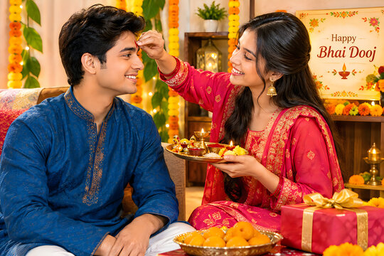Brother and sister sharing sweets during bhai dooj celebration