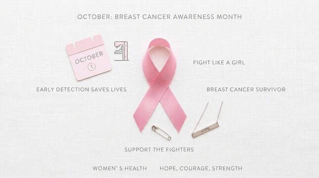 Pink ribbon with calendar and hope necklace on white background, breast cancer awareness month campaign and women health support initiative.