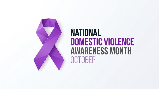 Purple low poly awareness ribbon on white background, national domestic violence awareness month campaign graphic and october social media support banner.