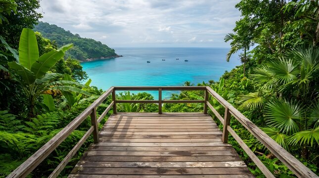 Wooden viewpoint overlooking tropical turquoise sea