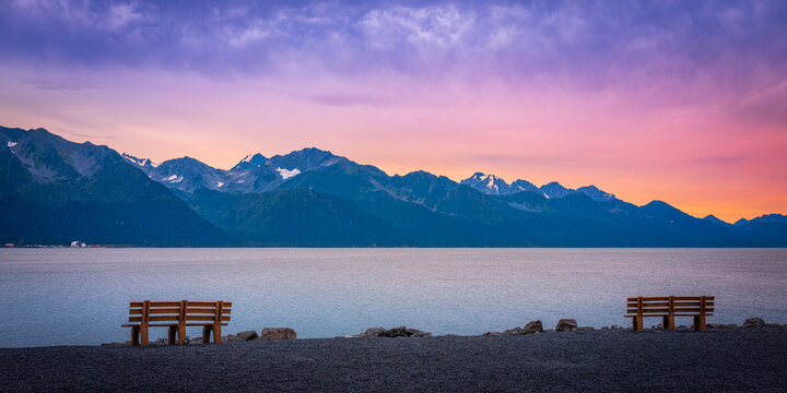 Seward Waterfront Park seascape in Resurrection Bay in Alaska, USA