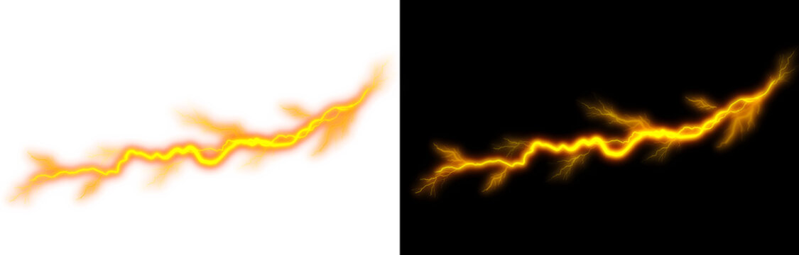 Bright golden yellow lightning strike bolt effect with powerful electric spark discharge isolated on dark white background