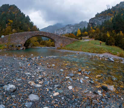 Oto is a town and former municipality in Spain, currently belonging to the municipality of Broto, in the Sobrarbe region of the Aragonese Pyrenees. Viewed in autumn.