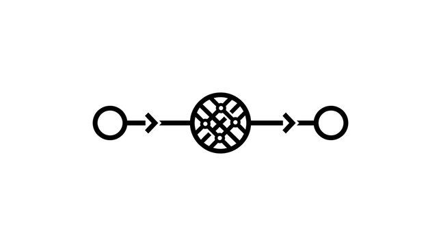 Data lineage flow diagram icon with central processing node isolated on white