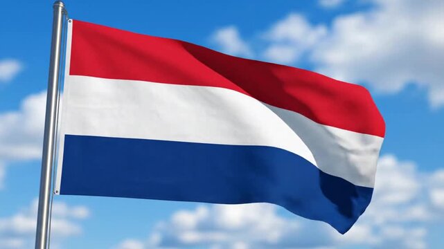 The national flag of the netherlands waving against a blue sky