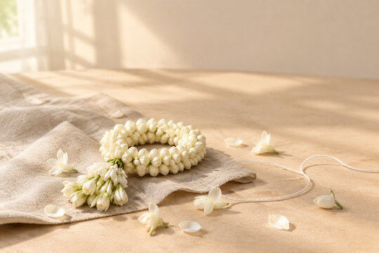 Sampaguita garland on unbleached linen with scattered petals and thread, handmade natural beauty concept