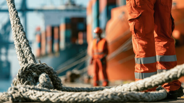 heavy nautical mooring rope in sharp focus with blurred port worker in safety gear near cargo ship at harbor industrial maritime logistics shipping port marine transportation dock operations concept