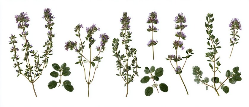 Pressed Thyme flowering sprigs and leaves, aromatic botanical set, pure white background