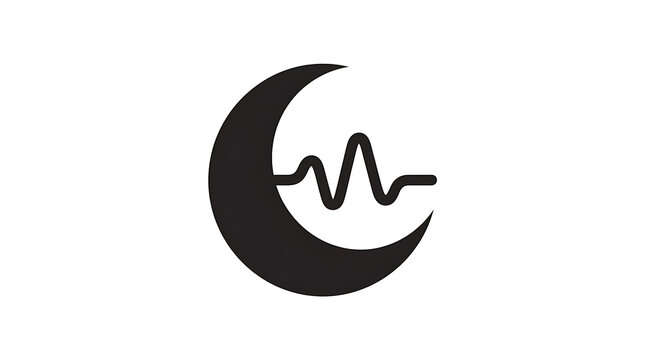 Minimalist black crescent moon icon with a pulse wave line isolated on white